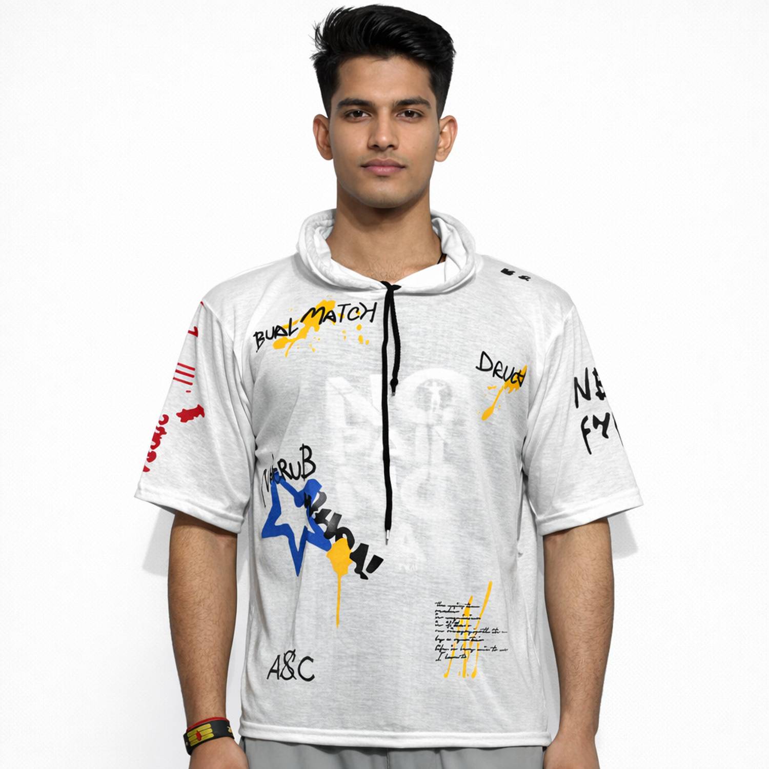Bhadawar Creations Printed Men Hooded Neck White T-Shirt
