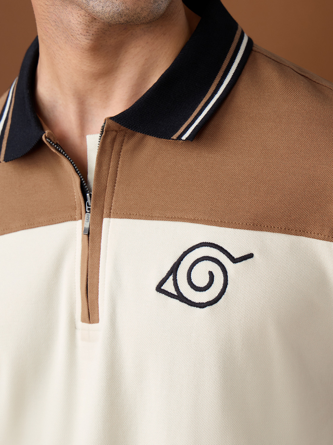 Image of The Souled Store Colorblock Men Polo Neck Beige T-Shirt