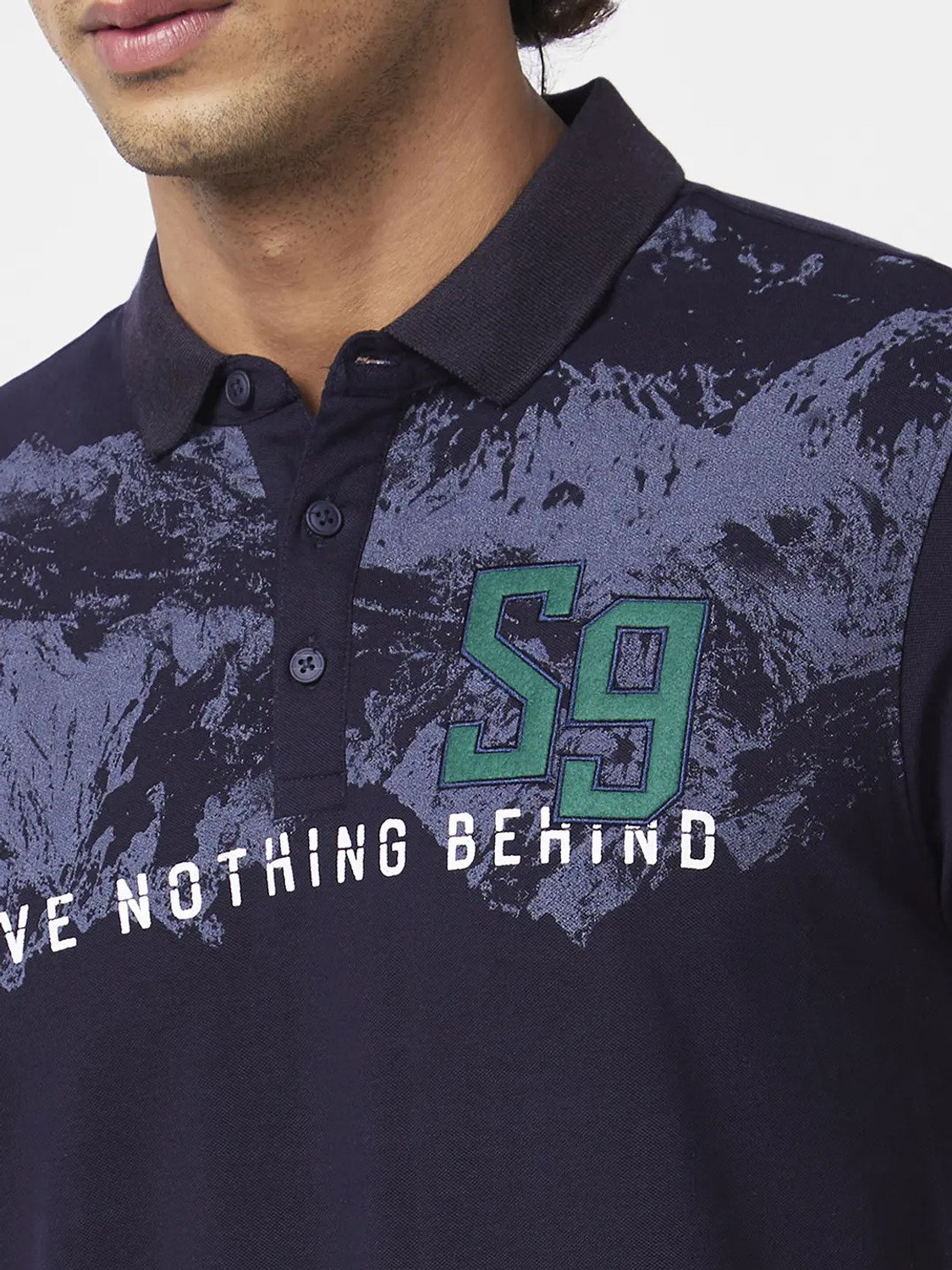 Image of Spykar Printed Men Polo Neck Blue T-Shirt