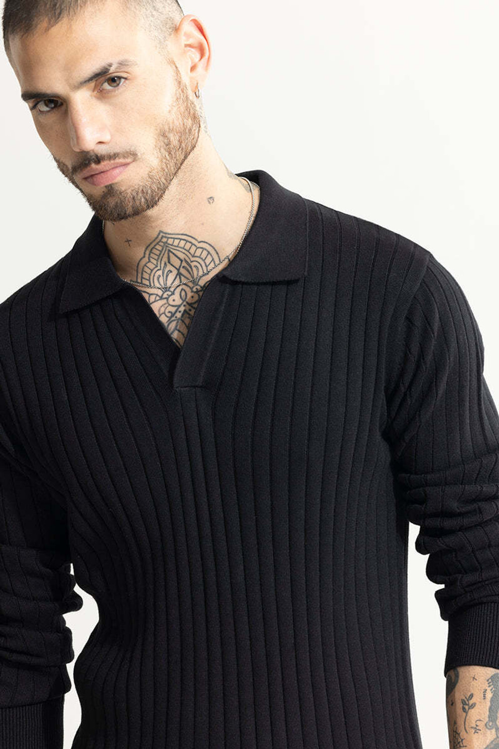 Image of Snitch Self Design Men Polo Neck Black T-Shirt