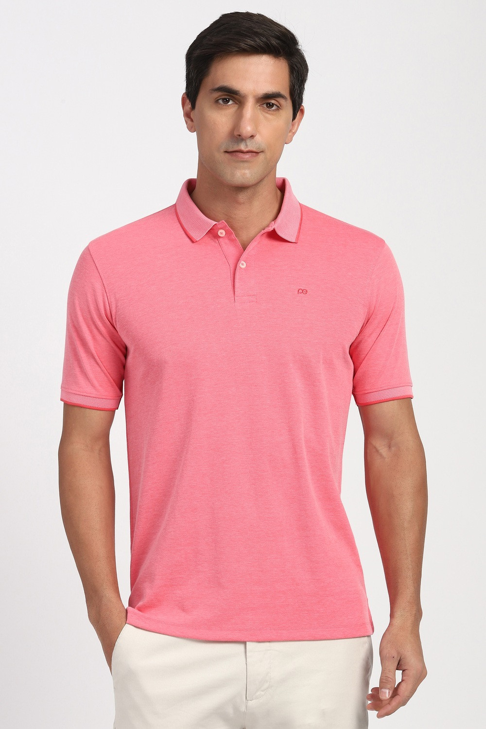 Image of PETER ENGLAND Solid Men Polo Neck Pink T-Shirt