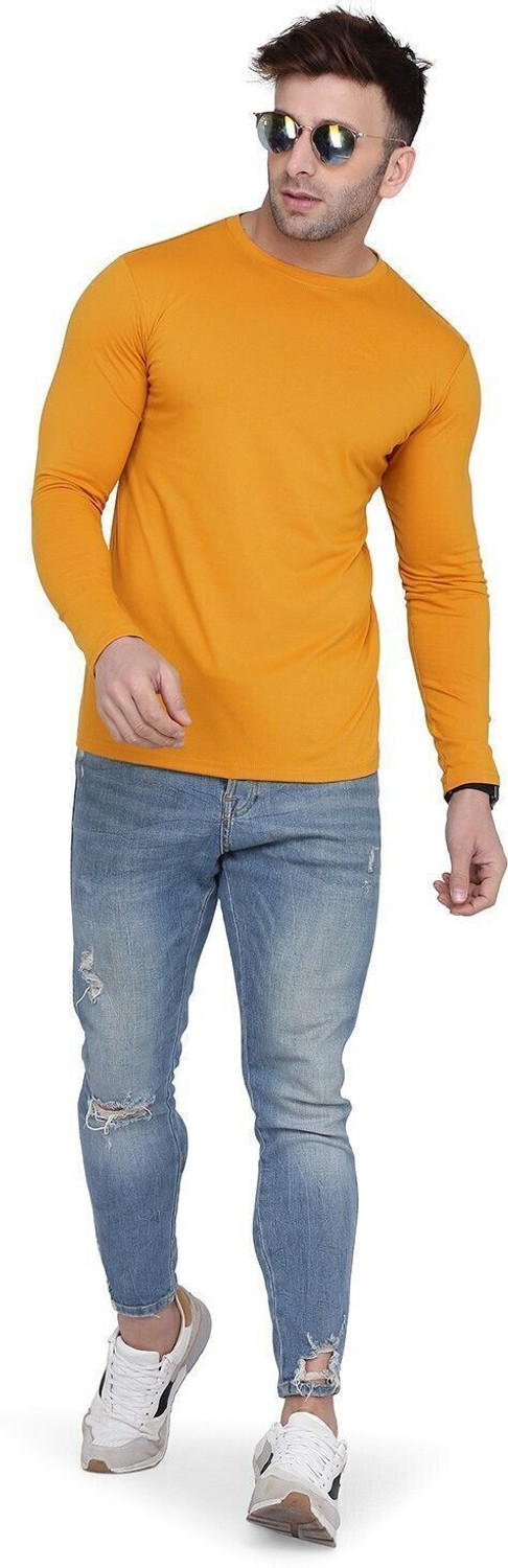 Image of New Trends Collection Solid Men Round Neck Maroon, Yellow T-Shirt