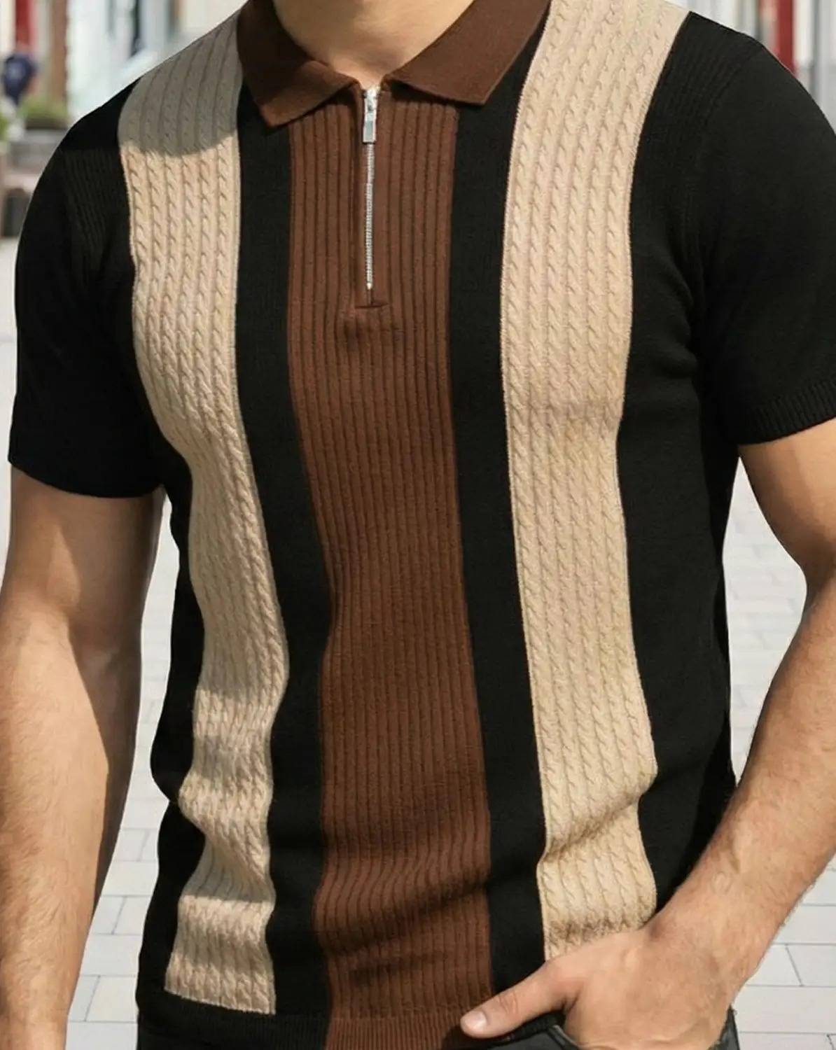 KAJARU Colorblock Men Zip Neck Beige T-Shirt - Image 5