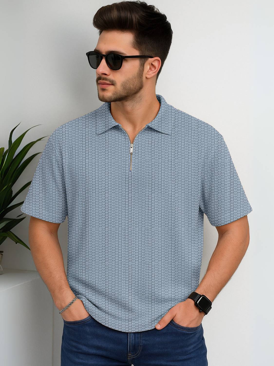 Jump Cuts Self Design Men Zip Neck Grey T-Shirt