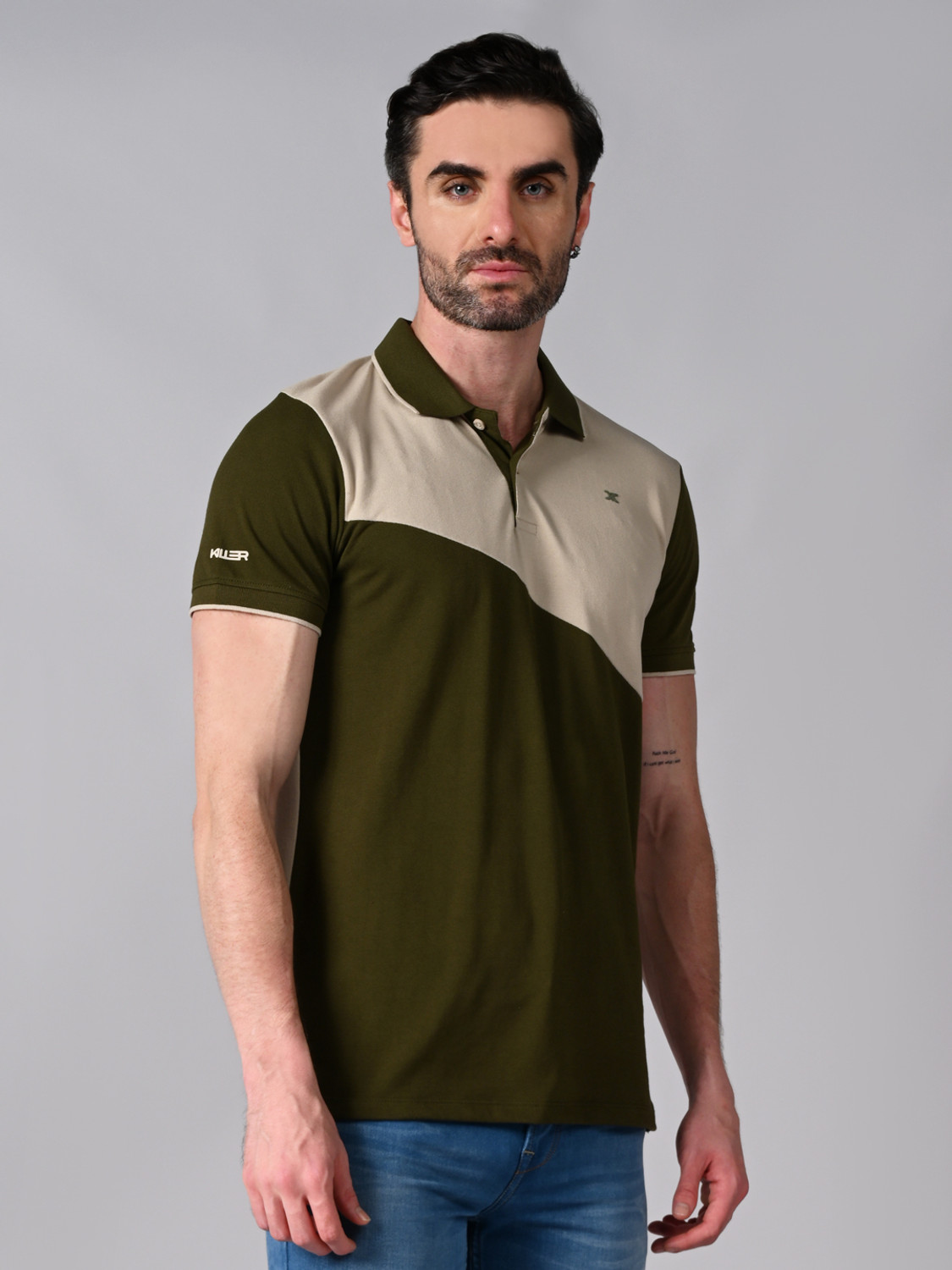 Image of KILLER Colorblock Men Polo Neck Dark Green, Beige T-Shirt