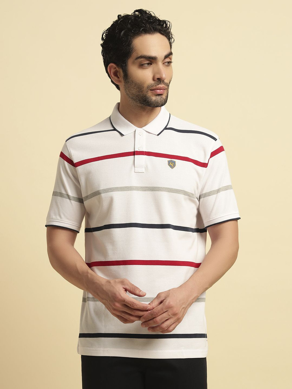 Image of CANTABIL Striped Men Polo Neck White T-Shirt