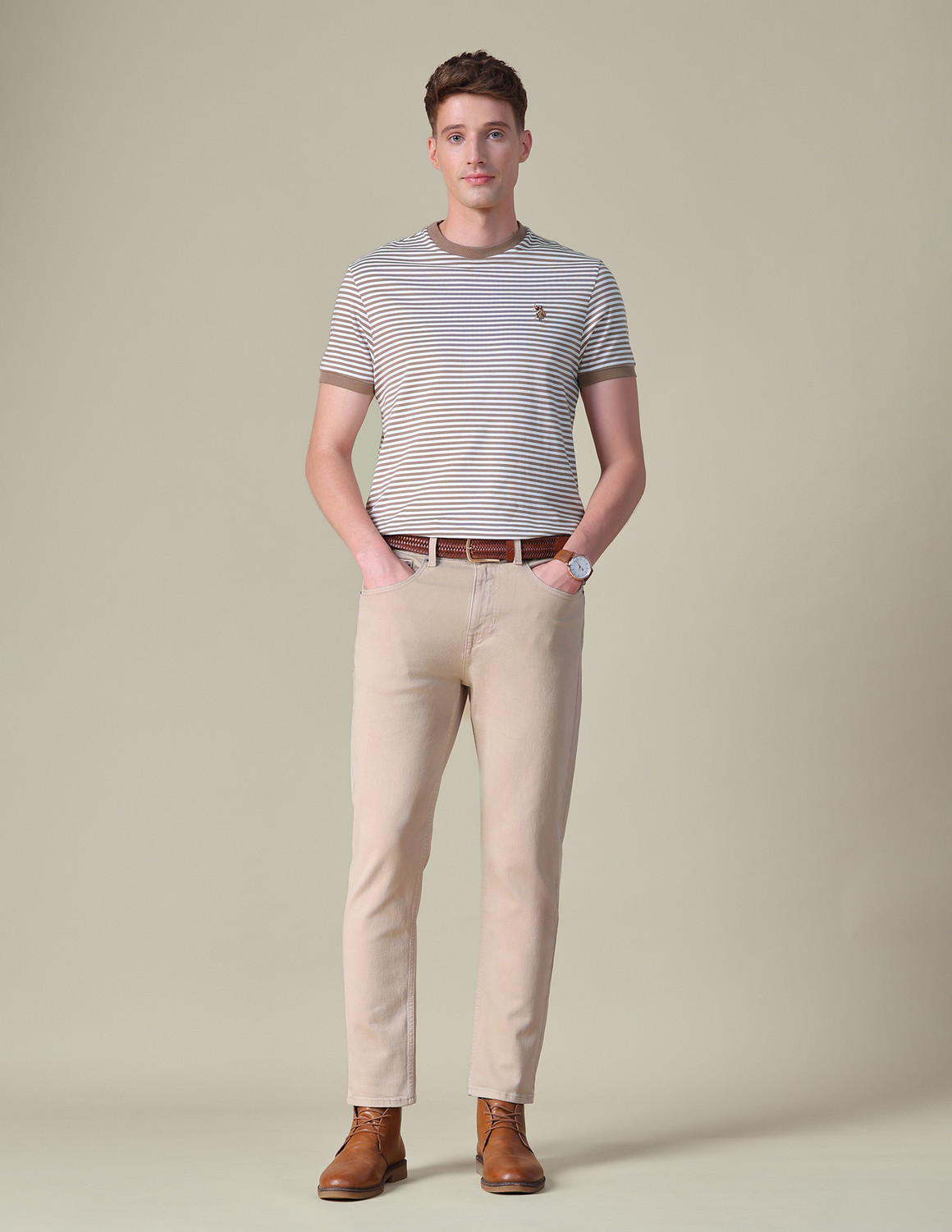 Image of U.S. Polo Assn. Denim Co. Striped Men Crew Neck Brown T-Shirt