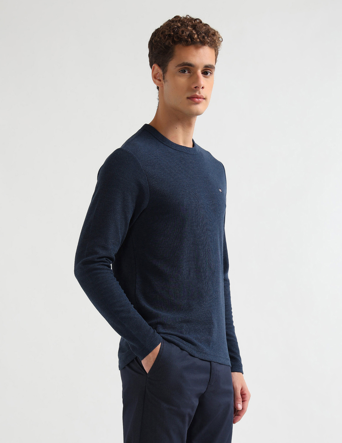 Image of Arrow Sport Solid Men Crew Neck Blue T-Shirt