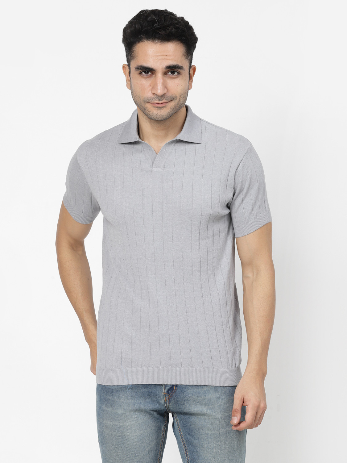 Image of KALT Self Design Men Polo Neck Grey T-Shirt