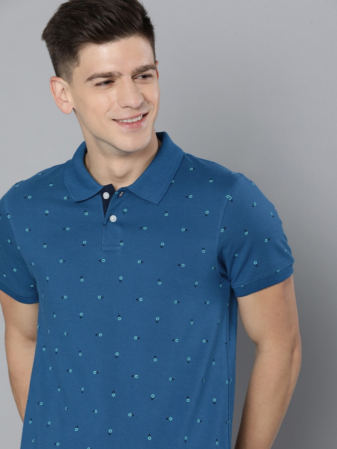 Image of Mast & Harbour Geometric Print Men Polo Neck Blue T-Shirt