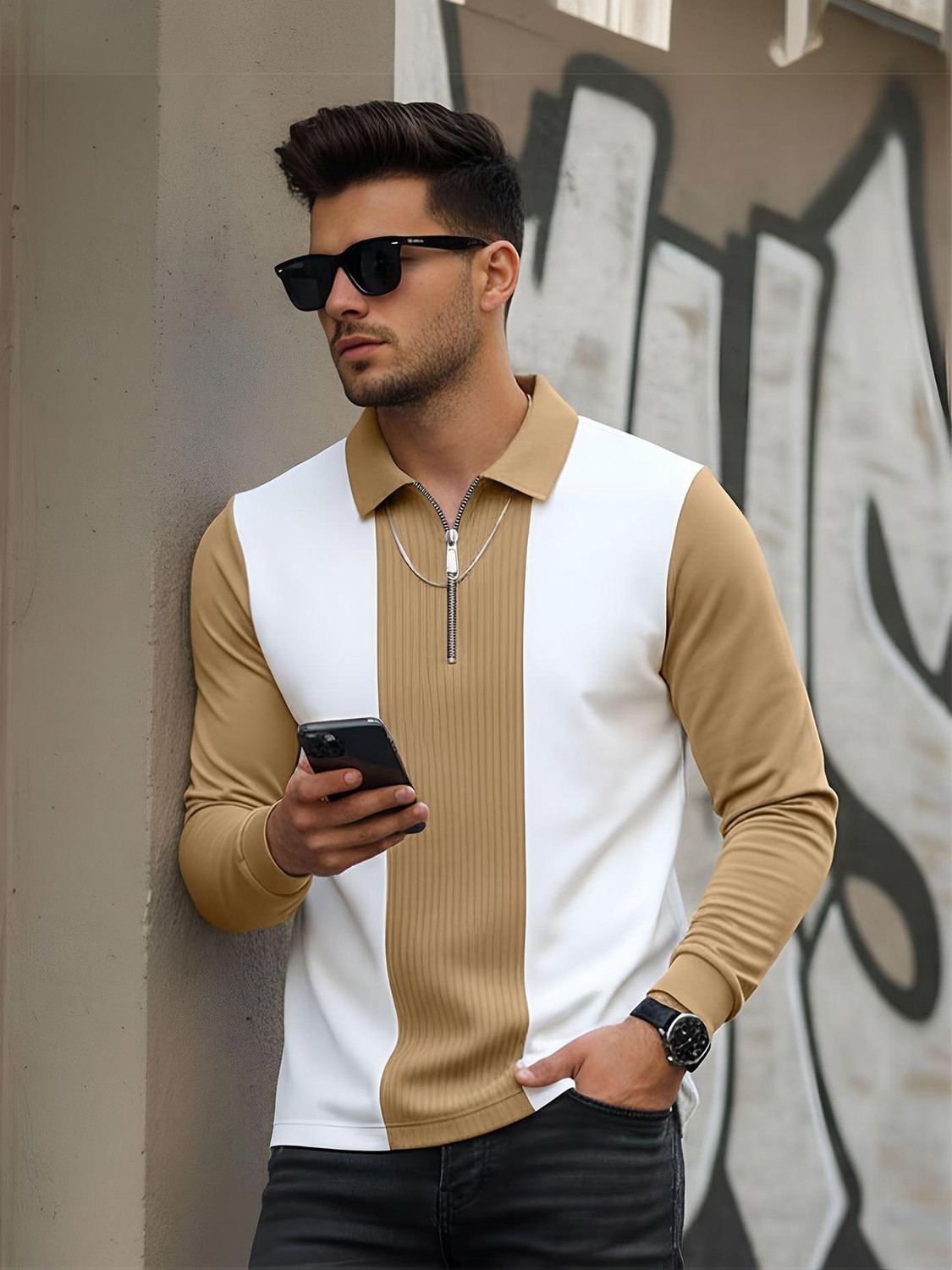 Image of AUSK Striped Men Zip Neck Beige, White T-Shirt