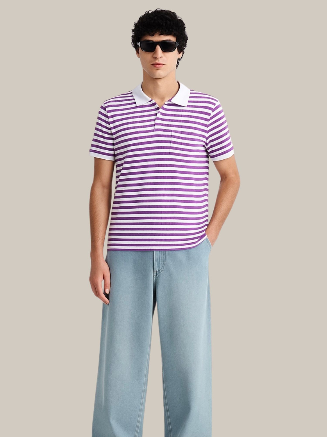 Image of YOUNICK Striped Men Polo Neck Purple, White T-Shirt