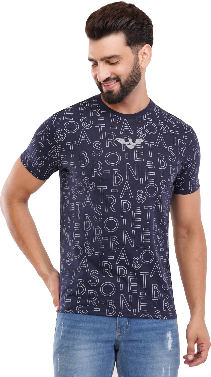 Astrape & Bronte Typography, Printed Men Round Neck Dark Blue, White T-Shirt
