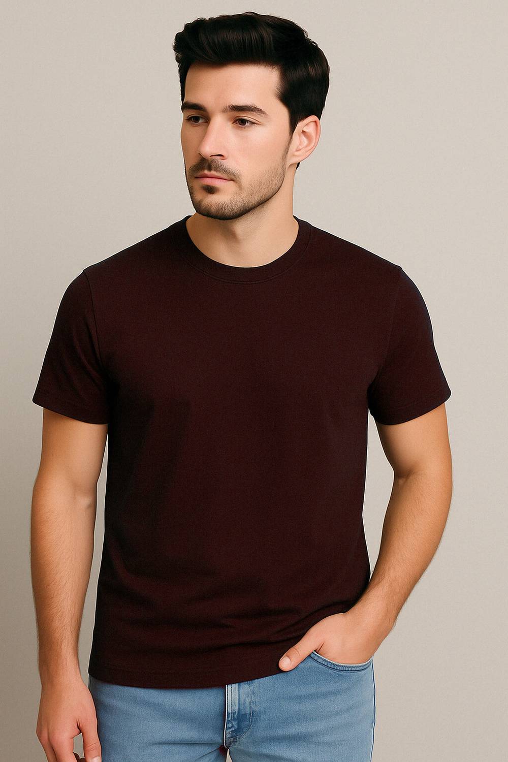 Belive in Yourself Solid Men Round Neck Brown T-Shirt