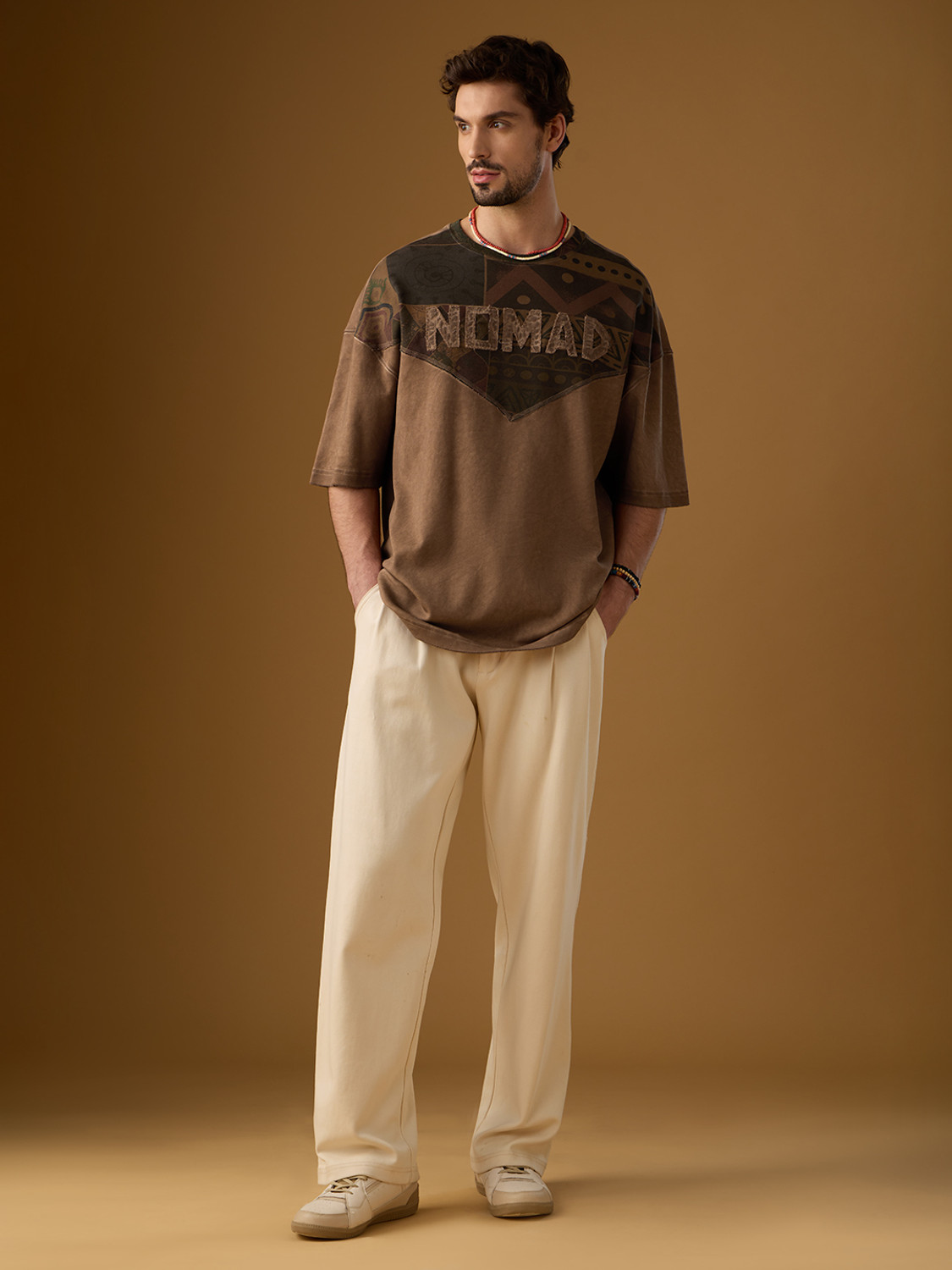 Image of The Souled Store Men Printed Round Neck Pure Cotton Brown T-Shirt