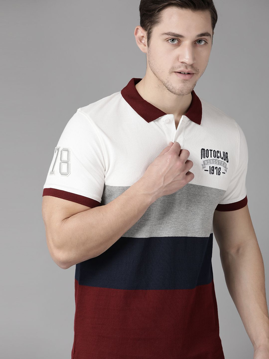 Image of Roadster Colorblock Men Polo Neck White T-Shirt
