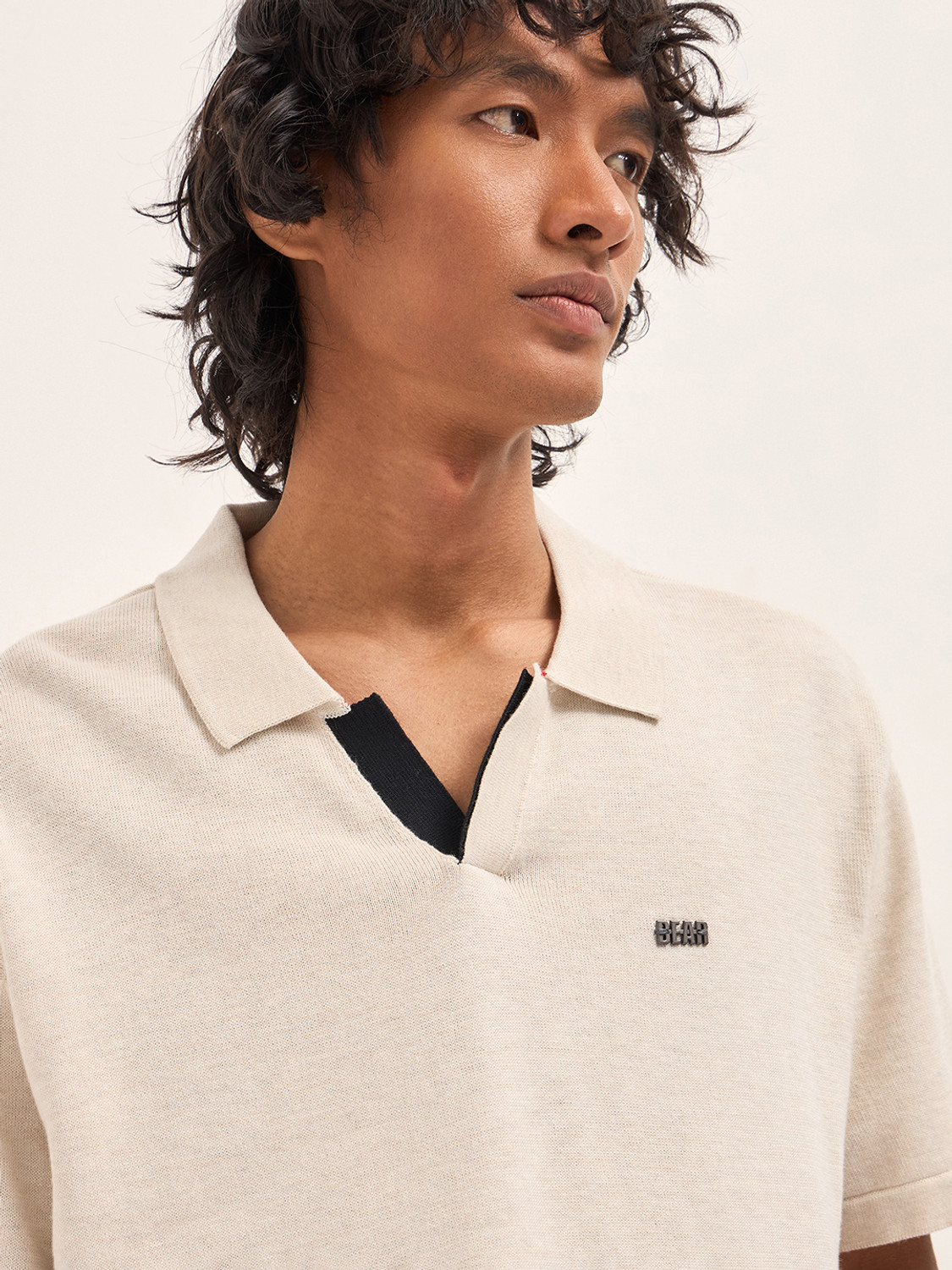Image of THE BEAR HOUSE Solid Men Polo Neck Beige T-Shirt