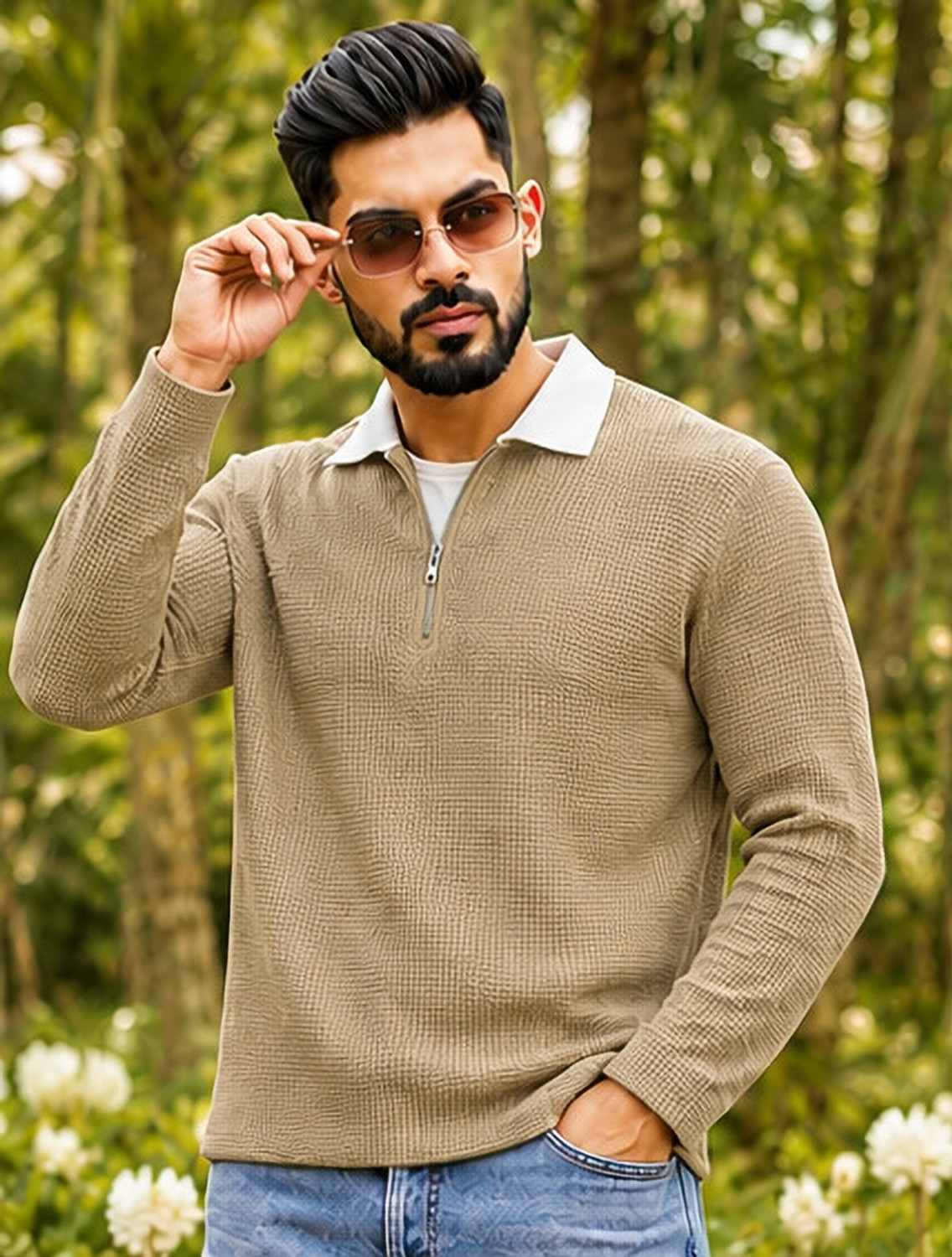 Image of NOOK Self Design Men Polo Neck Beige T-Shirt