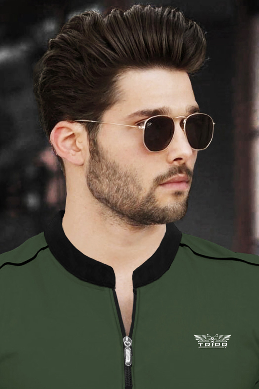 Image of TRIPR Solid Men Mandarin Collar Dark Green T-Shirt
