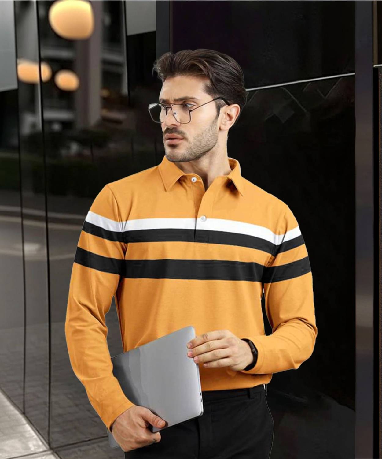 AOOSH Colorblock Men Polo Neck Beige T-Shirt