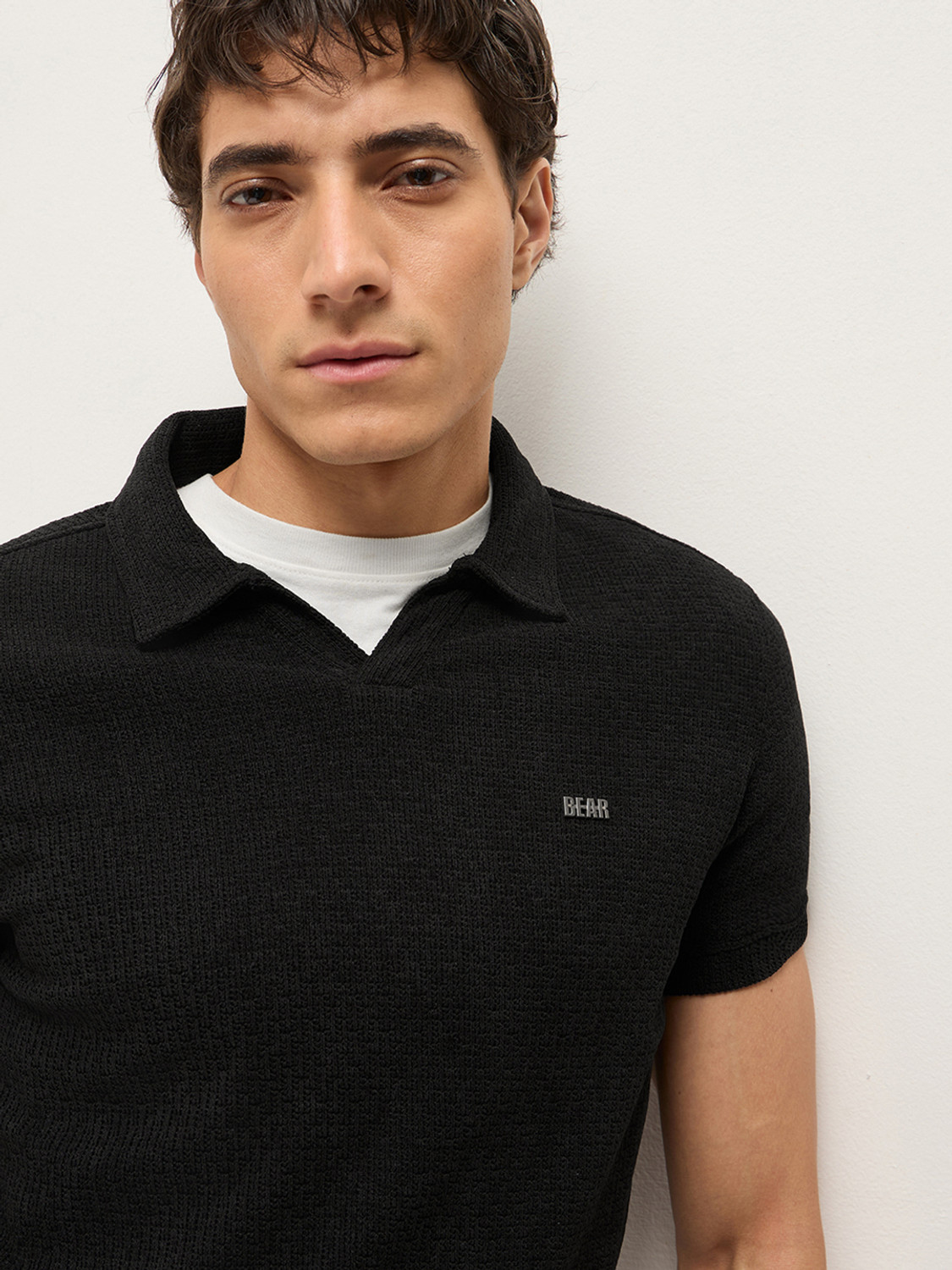 Image of THE BEAR HOUSE Self Design Men Polo Neck Black T-Shirt