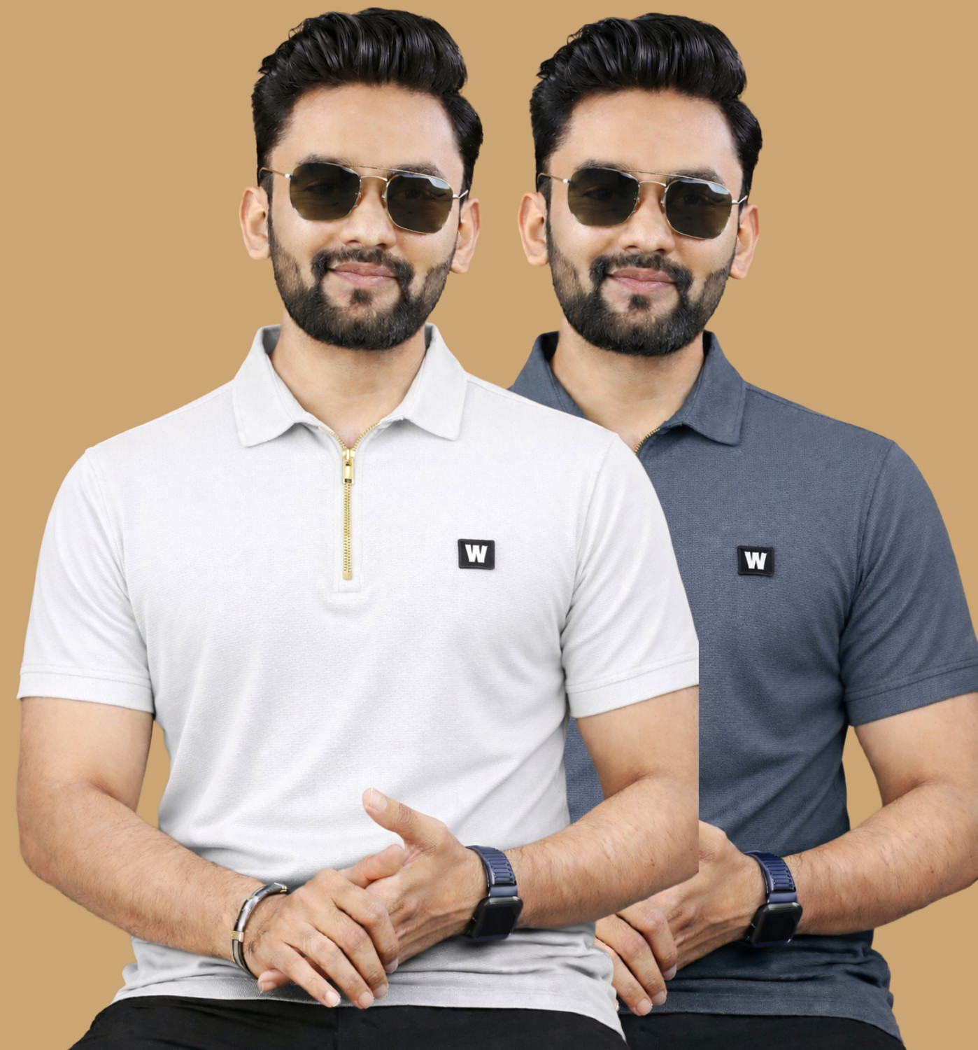 Image of WeReKo Self Design Men Zip Neck Grey, White T-Shirt