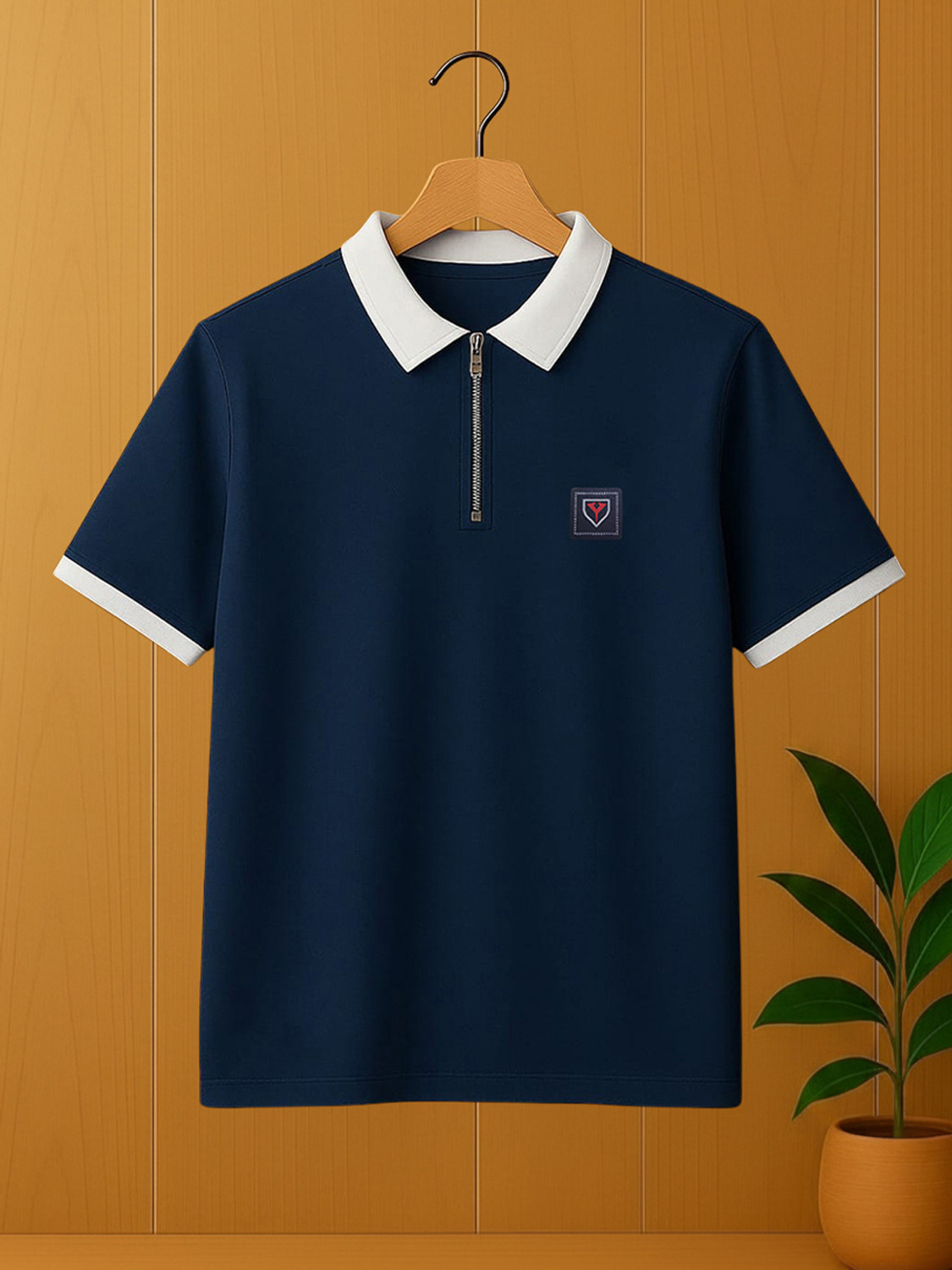 Image of Yazole Solid Men Polo Neck Navy Blue T-Shirt