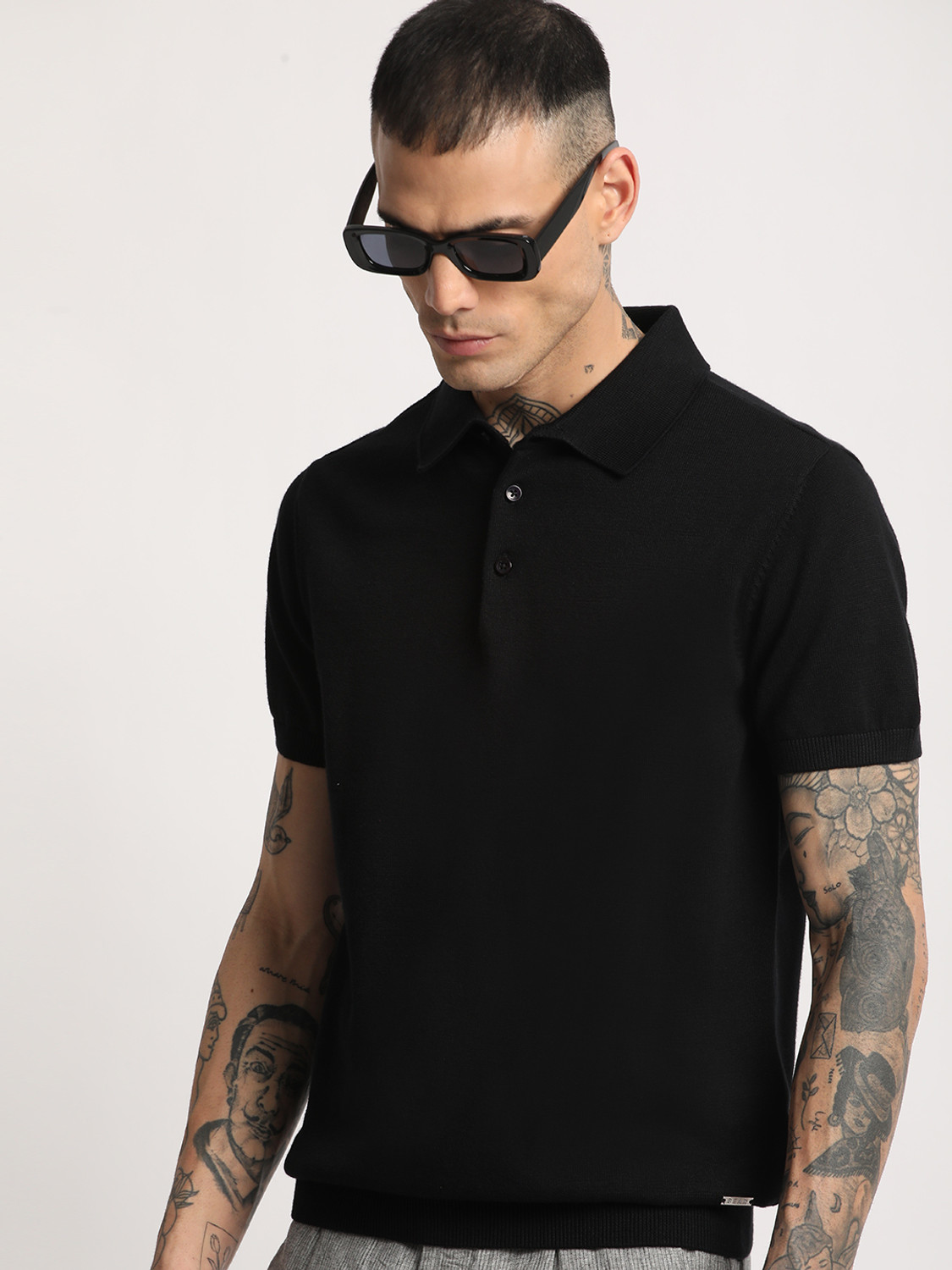 Image of THE BEAR HOUSE Solid Men Polo Neck Black T-Shirt