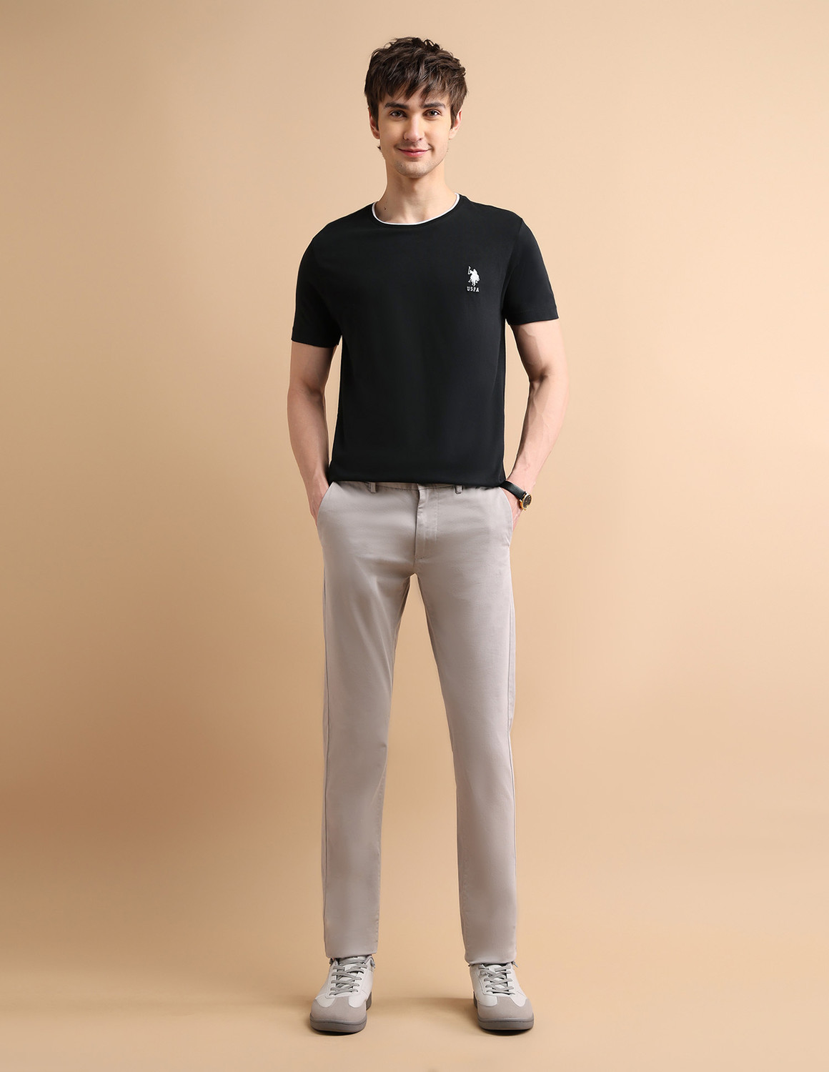 Image of U.S. Polo Assn. Denim Co. Men Solid Round Neck Cotton Blend Black T-Shirt