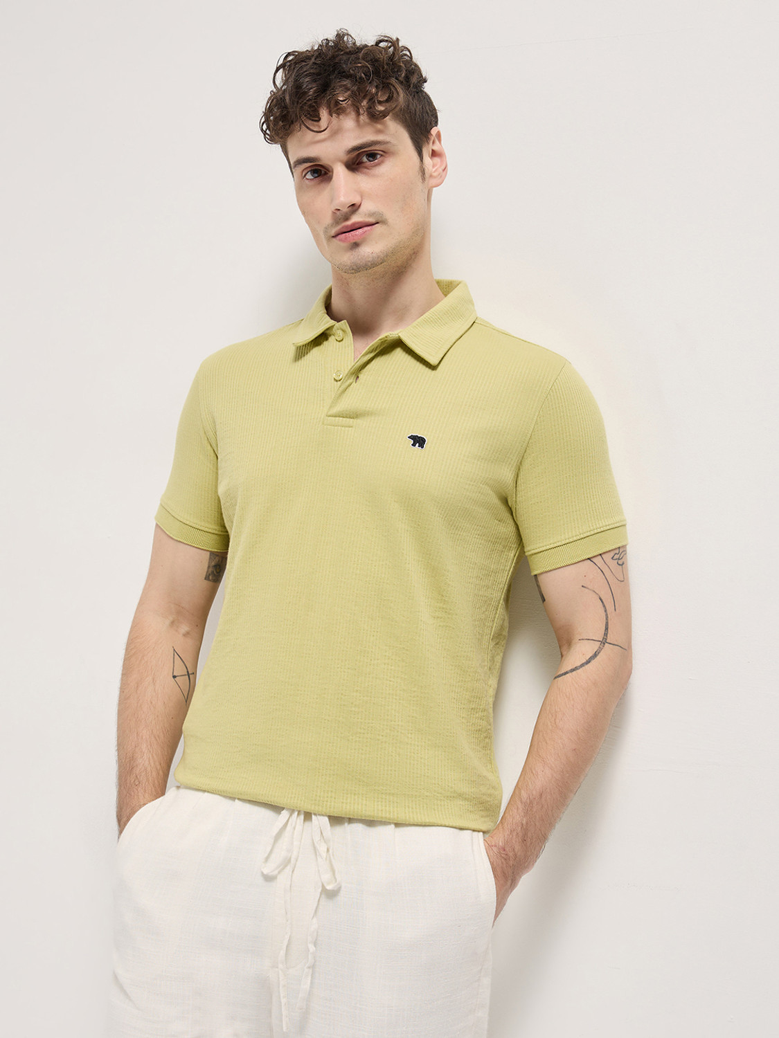 Image of THE BEAR HOUSE Solid Men Polo Neck Yellow T-Shirt