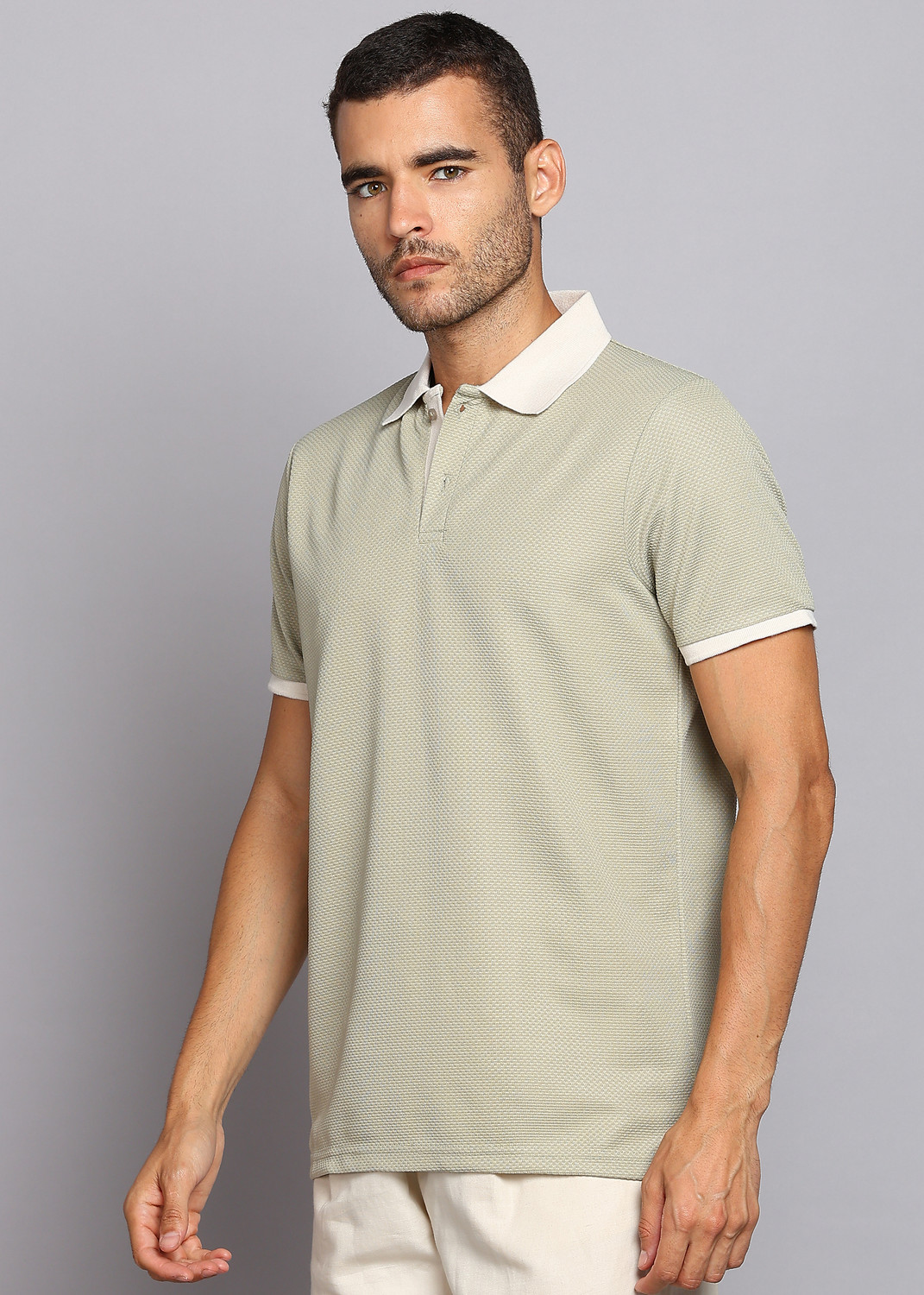 Image of LAWMAN Men Self Design Polo Neck Polyester Light Green T-Shirt