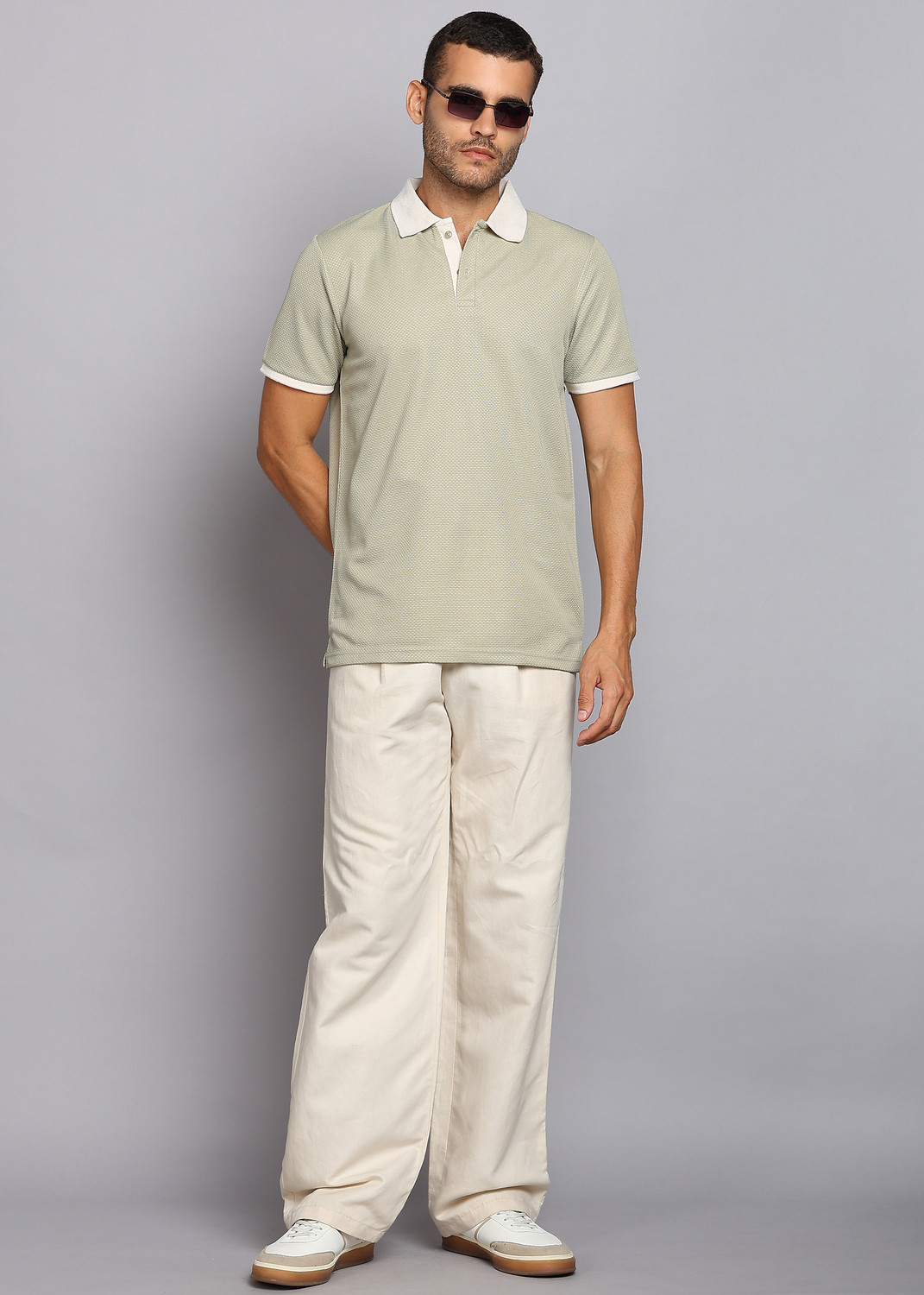 Image of LAWMAN Men Self Design Polo Neck Polyester Light Green T-Shirt