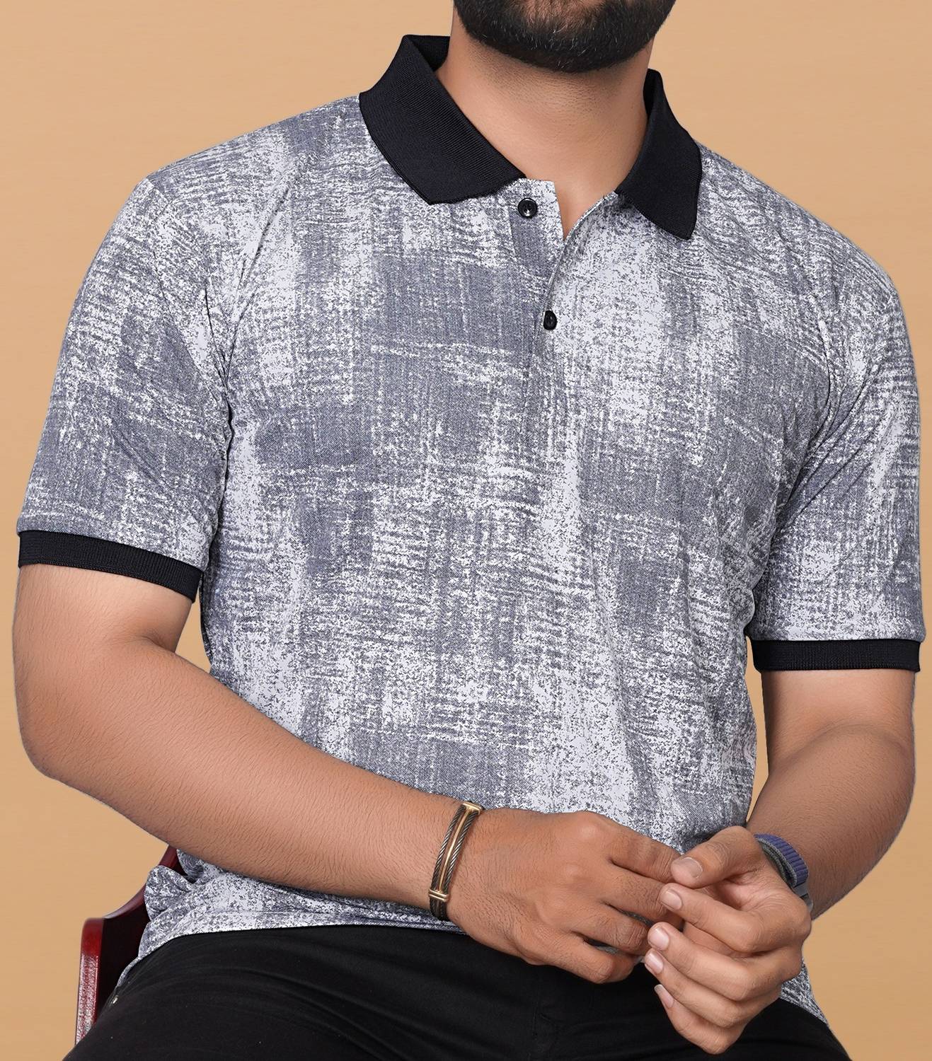 KAJARU Men Printed Polo Neck Polyester Grey T-Shirt