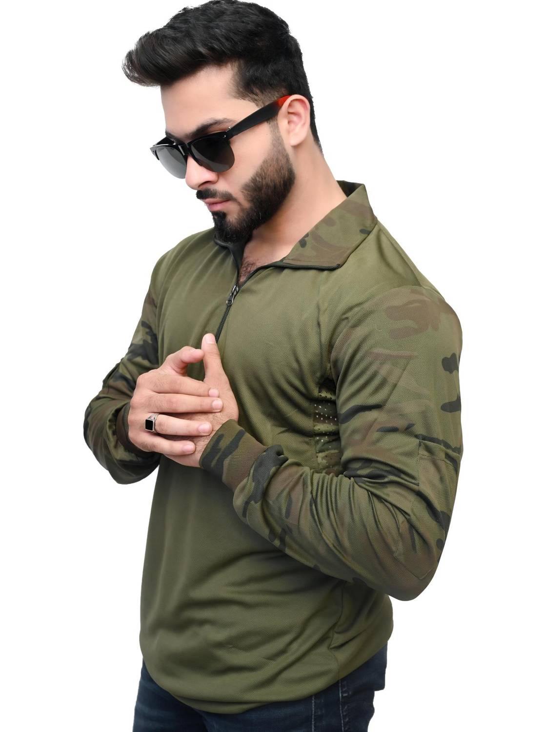 AZYXREN Self Design Men Zip Neck Dark Green T-Shirt