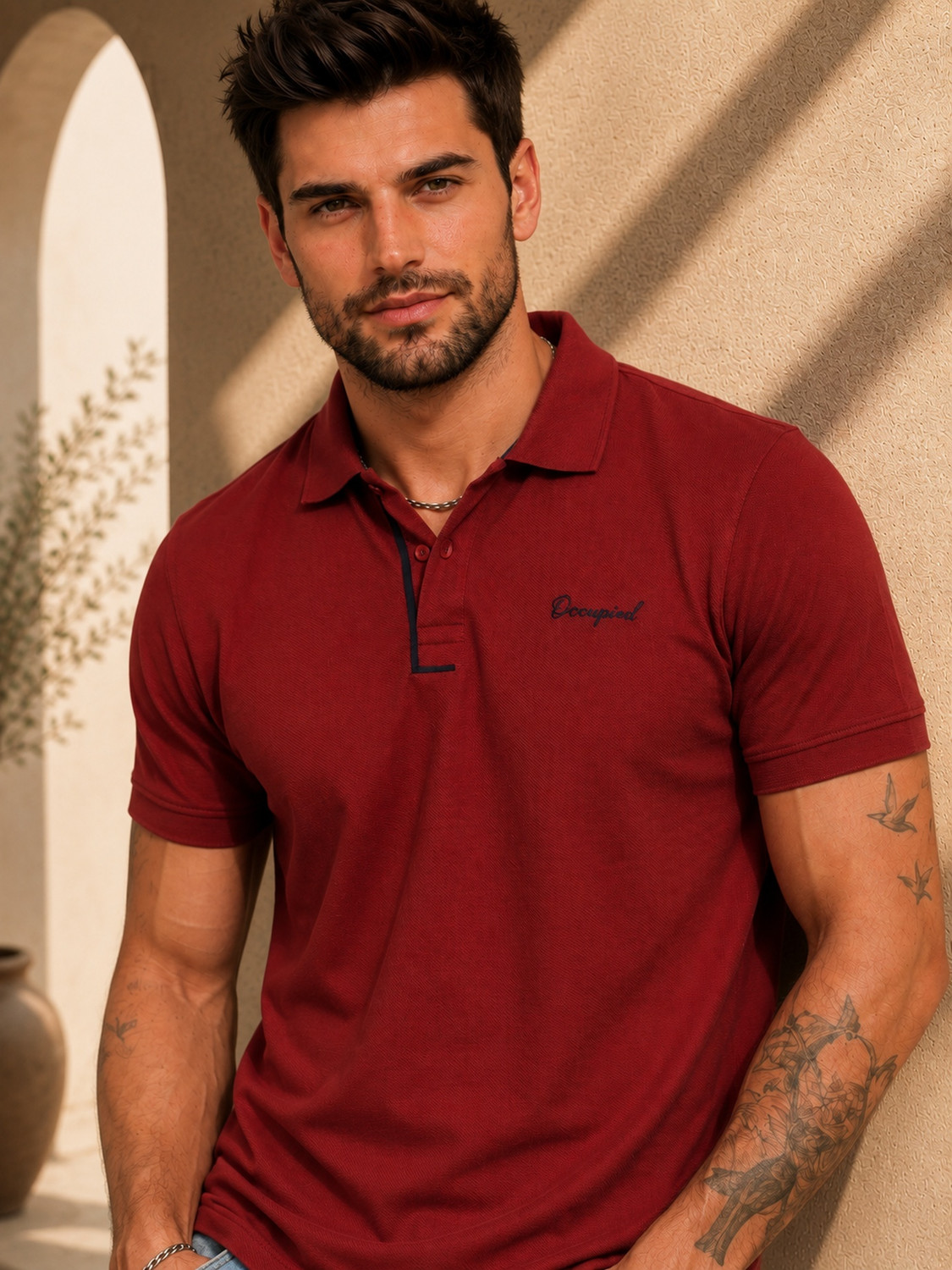 Image of Occupied Clothing Co. Men Solid Polo Neck Pure Cotton Maroon T-Shirt
