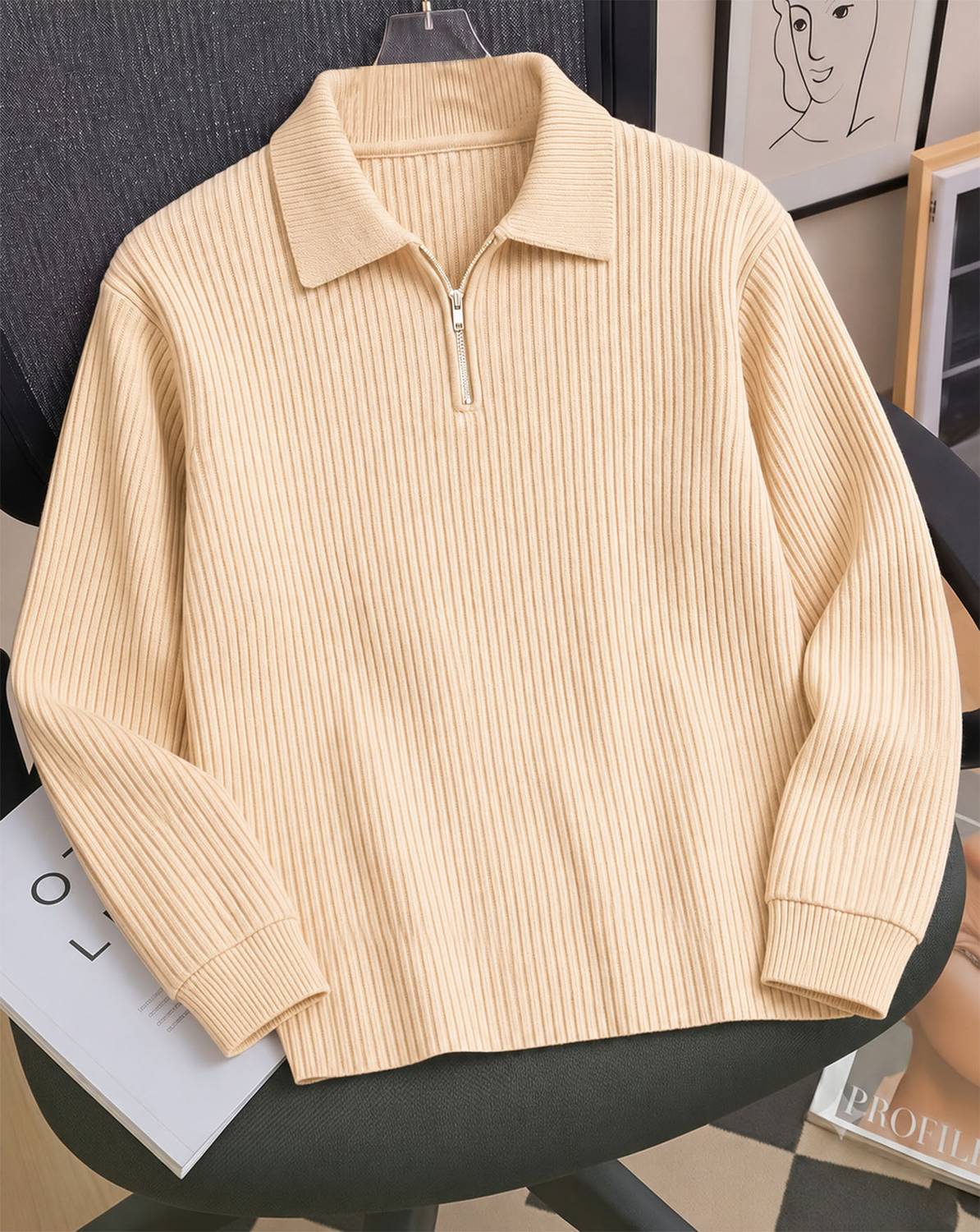 AOOSH Men Zip Neck Beige T-Shirt - Image 1