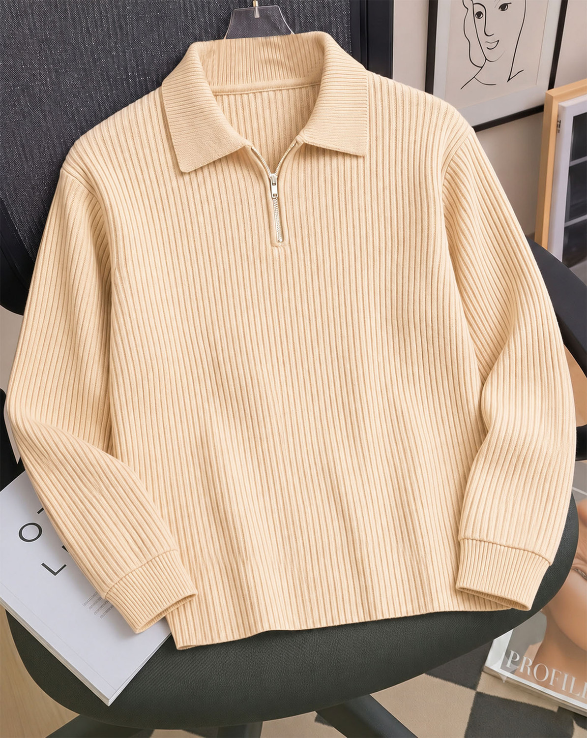 Image of ENITOR Self Design Men Zip Neck Beige T-Shirt