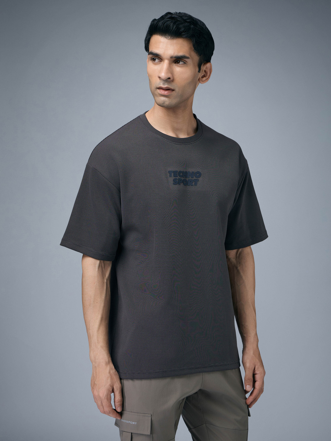 Image of TECHNOSPORT Self Design Men Round Neck Grey T-Shirt