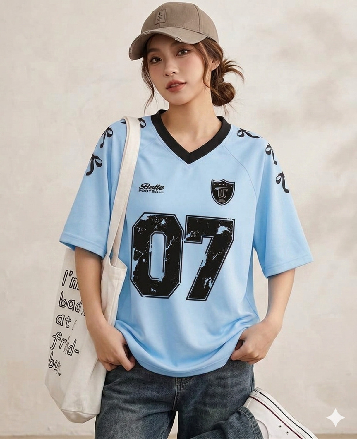 Image of ENGLISHPREMIUM Printed Women V Neck Blue T-Shirt