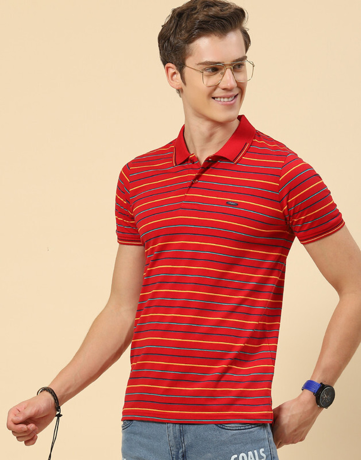 Image of MONTE CARLO Striped Men Polo Neck Red, Grey T-Shirt