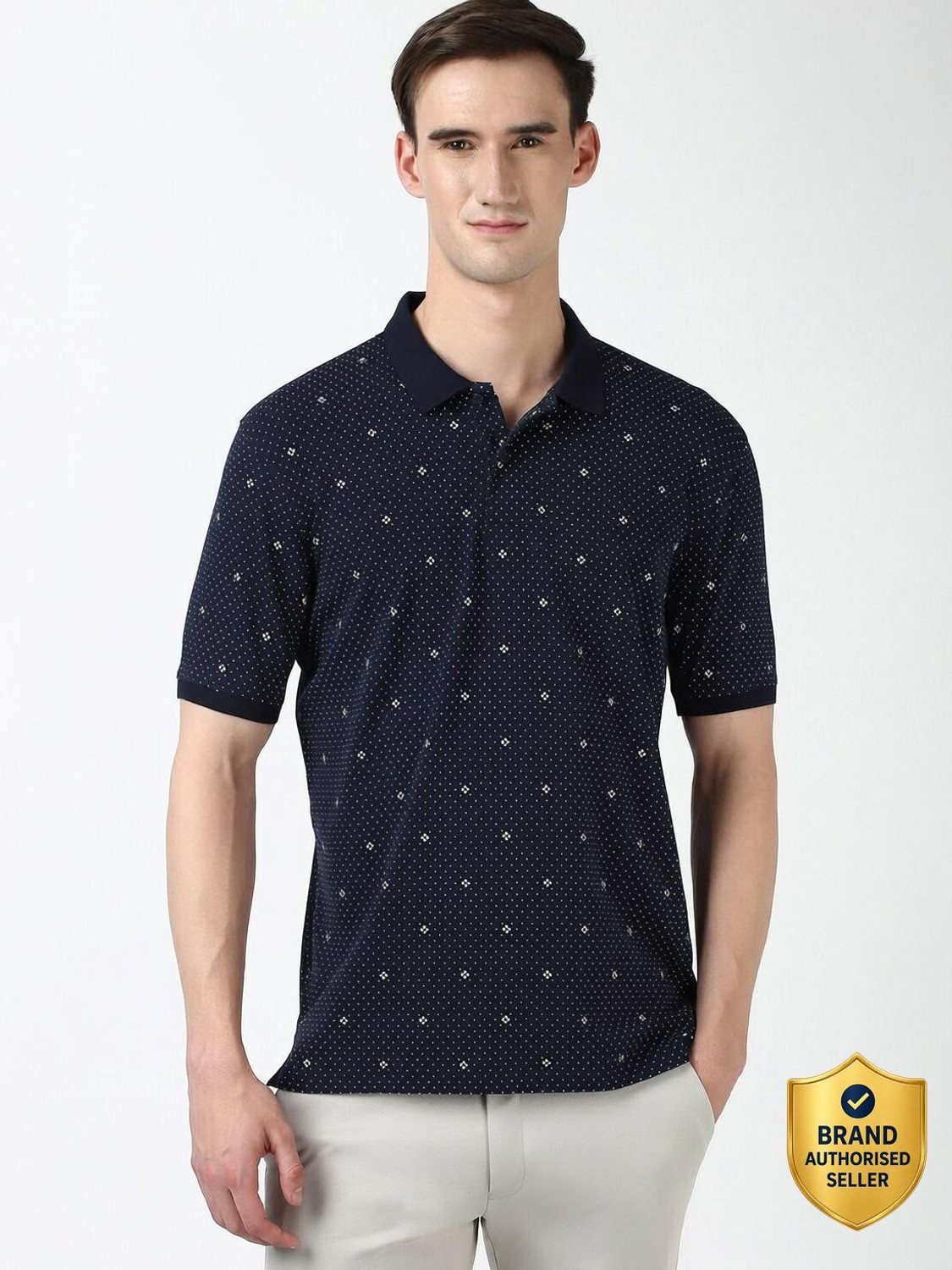 Image of PETER ENGLAND Printed Men Polo Neck Blue T-Shirt