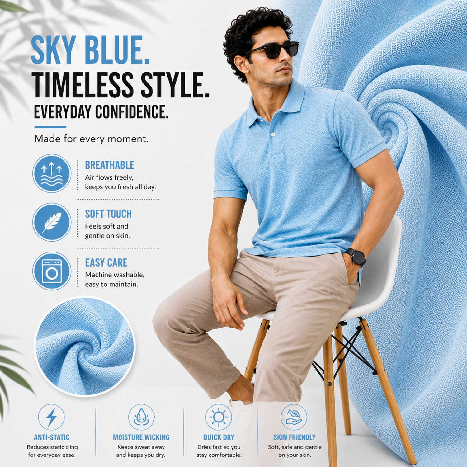 Image of lifestyle by Fadiction Men Solid Polo Neck Polyester Light Blue T-Shirt