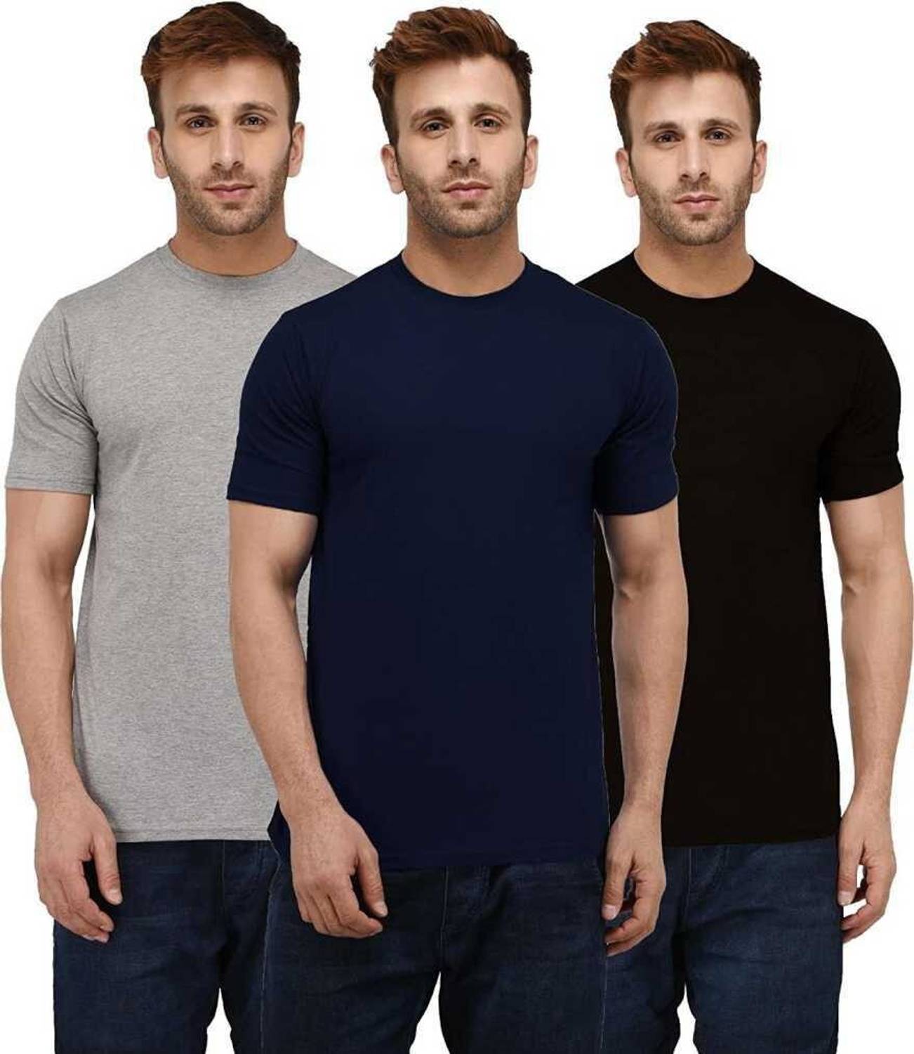 INKKR Pack of 3 Men Solid Round Neck Cotton Blend Multicolor T-Sh