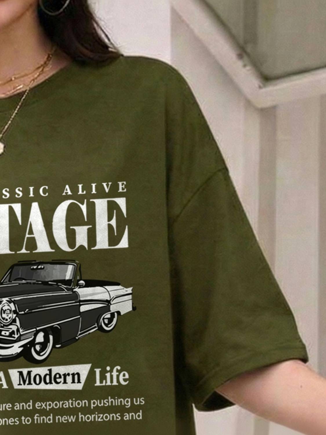 AOOSH Casual Graphic Print Women Dark Green Top