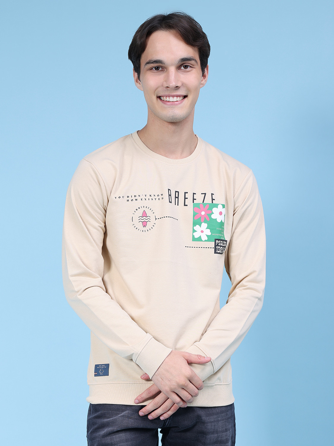 Image of V-MART Printed Men Round Neck Beige T-Shirt