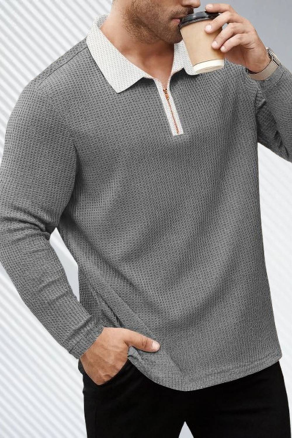 HOODLER Men Zip Neck Grey T-Shirt - Image 3