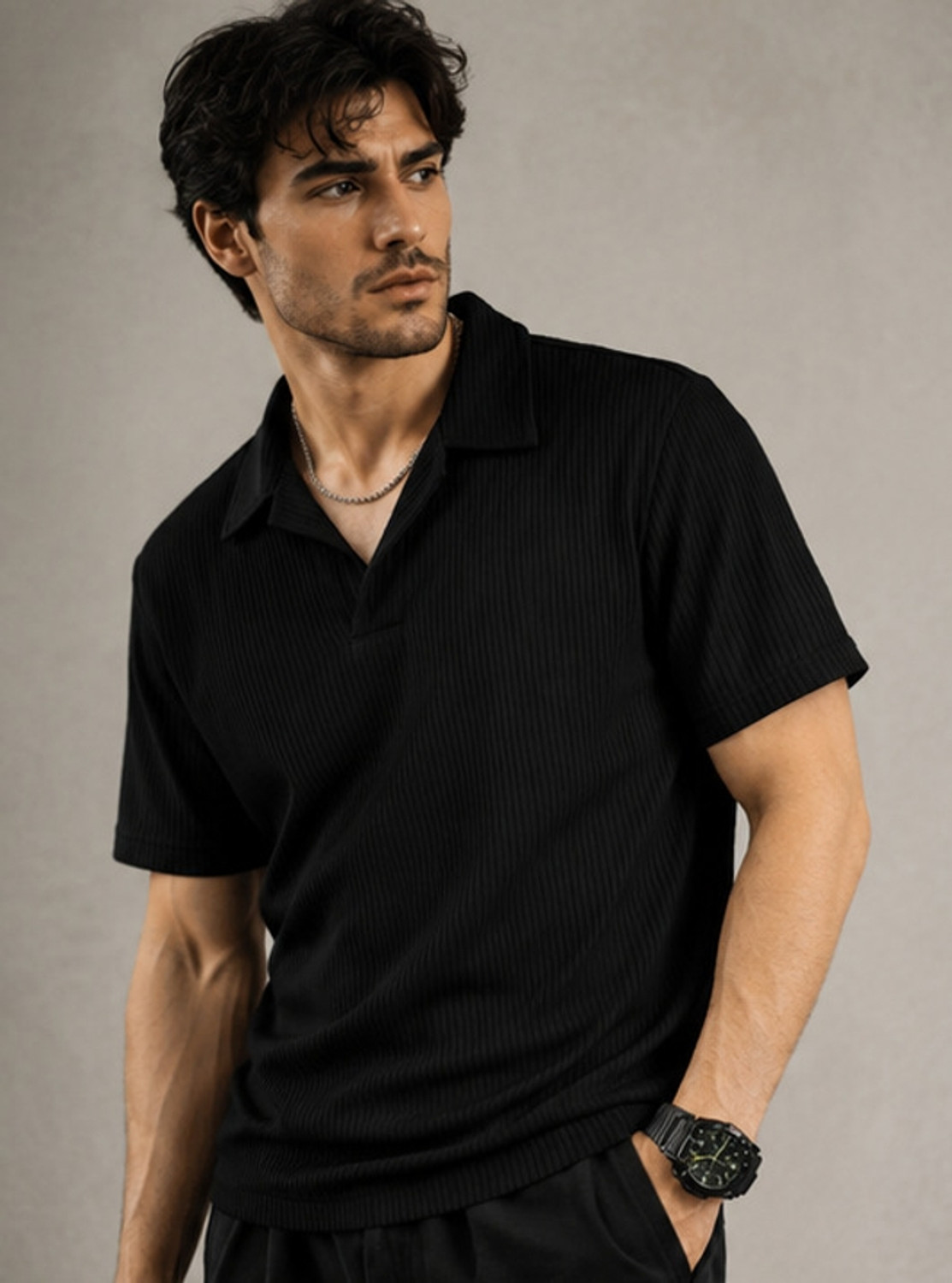 Image of NOOK Self Design Men Polo Neck Black T-Shirt