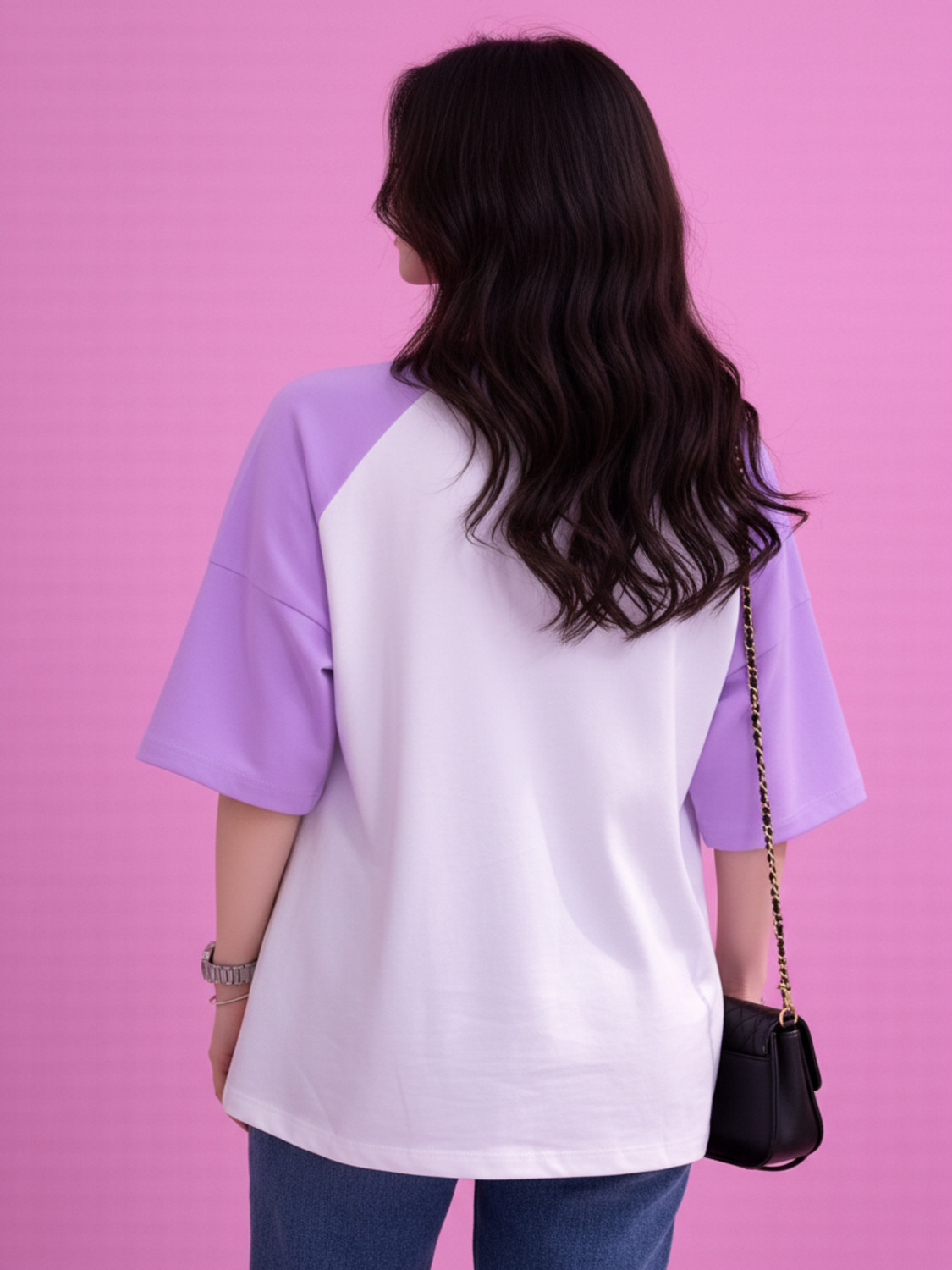Image of UG Fashion Colorblock Women Round Neck Purple, White T-Shirt
