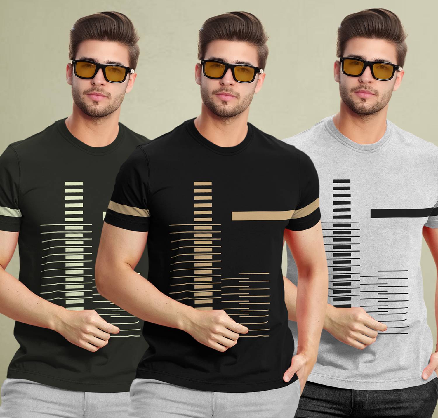 TRIPR Pack of 3 Men Printed Round Neck Cotton Blend Dark Green, B