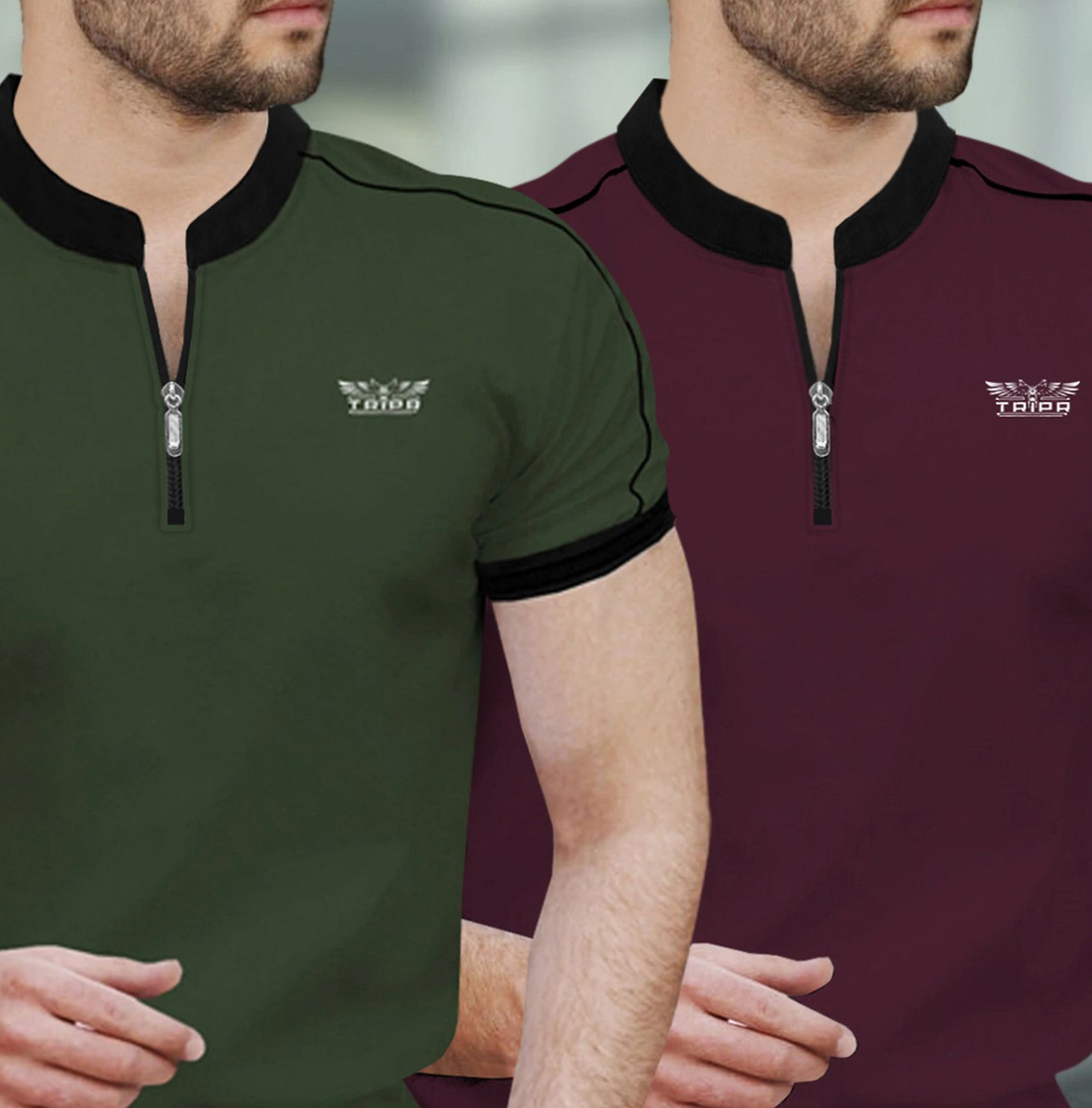 Image of TRIPR Solid Men Mandarin Collar Multicolor T-Shirt